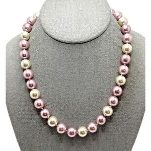 Vintage KISSAKA Faux Pearl Necklace Multicolor Pink Cream Glass Bead Strand 20"